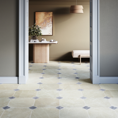 Botticino Cream - Blue Stone Octagon Marble Tile-Tumbled