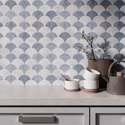 Carrara White - Blue Stone Scallop Marble Mosaic Tile-Honed