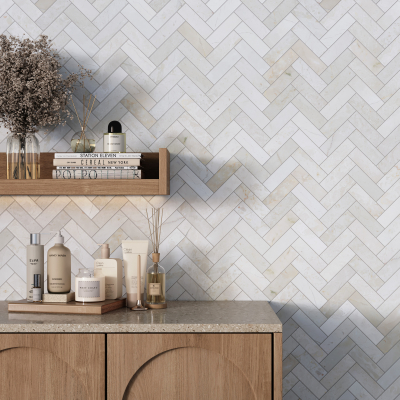 Crema Beige Herringbone Marble Mosaic Tile-Honed