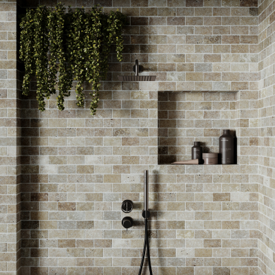 Noce Brown Travertine Brick Mosaic Tile-Tumbled