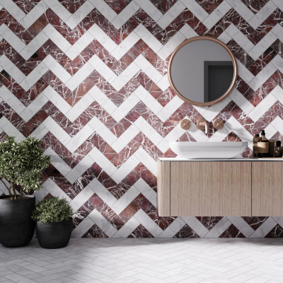 Rosso Vena Herringbone Marble Tile-Polished
